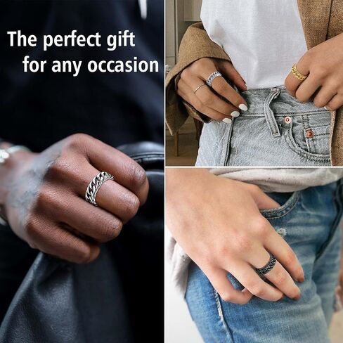 FindChic Cool Chain Rings Statement Rings for Men Women Stainless Steel/18K Gold Plated/Black Index Middle Finger Cuban Link Rings Size 7 to 14 Punk Jewelry, with Gift Box in Kuwait