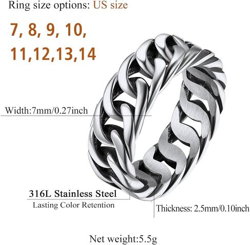 FindChic Cool Chain Rings Statement Rings for Men Women Stainless Steel/18K Gold Plated/Black Index Middle Finger Cuban Link Rings Size 7 to 14 Punk Jewelry, with Gift Box in Kuwait