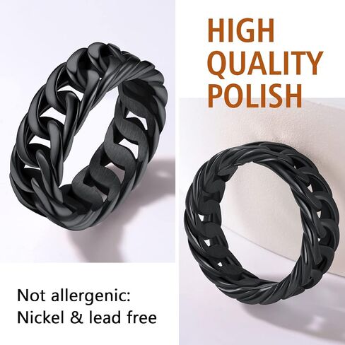 FindChic Cool Chain Rings Statement Rings for Men Women Stainless Steel/18K Gold Plated/Black Index Middle Finger Cuban Link Rings Size 7 to 14 Punk Jewelry, with Gift Box in Kuwait