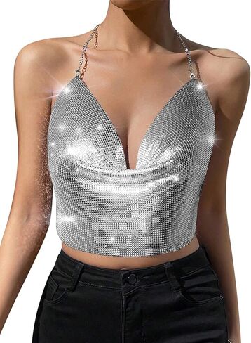 Womens Sexy Sparkly Chain Top - Metallic Sequin Rhinestone Halter Backless Crop Outfit EDM Party Club Tank Shirt in Saudi Arabia