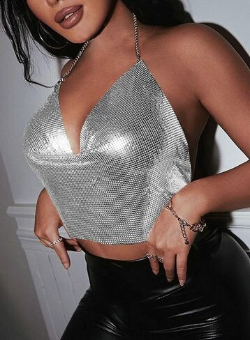 Womens Sexy Sparkly Chain Top - Metallic Sequin Rhinestone Halter Backless Crop Outfit EDM Party Club Tank Shirt in Saudi Arabia