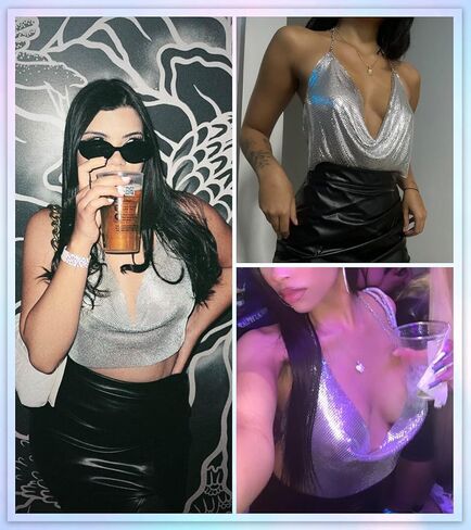 Womens Sexy Sparkly Chain Top - Metallic Sequin Rhinestone Halter Backless Crop Outfit EDM Party Club Tank Shirt in Saudi Arabia