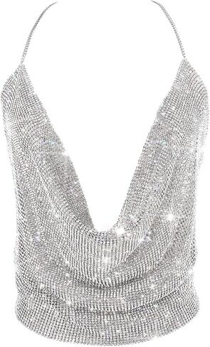 Womens Sexy Sparkly Chain Top - Metallic Sequin Rhinestone Halter Backless Crop Outfit EDM Party Club Tank Shirt in Saudi Arabia