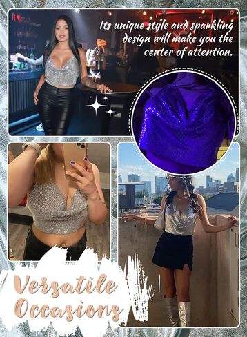 Womens Sexy Sparkly Chain Top - Metallic Sequin Rhinestone Halter Backless Crop Outfit EDM Party Club Tank Shirt in Saudi Arabia