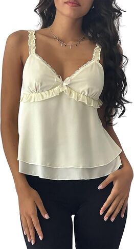 Womens Sexy Lace Camisole Tank Tops Y2k Slim Fit Corset Going Out Streetwear Ruffle Hem Spaghetti Strap Cami Tops in Kuwait