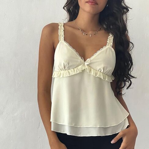 Womens Sexy Lace Camisole Tank Tops Y2k Slim Fit Corset Going Out Streetwear Ruffle Hem Spaghetti Strap Cami Tops in Kuwait