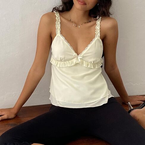 Womens Sexy Lace Camisole Tank Tops Y2k Slim Fit Corset Going Out Streetwear Ruffle Hem Spaghetti Strap Cami Tops in Kuwait