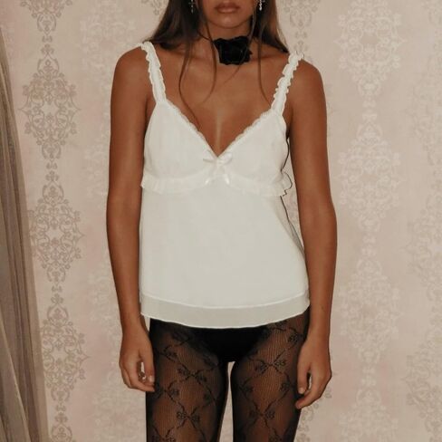 Womens Sexy Lace Camisole Tank Tops Y2k Slim Fit Corset Going Out Streetwear Ruffle Hem Spaghetti Strap Cami Tops in Kuwait