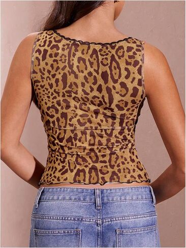 SOLY HUX Women's Leopard Print Mesh Crop Tank Top V Neck Sleeveless Y2k Tops in Saudi Arabia