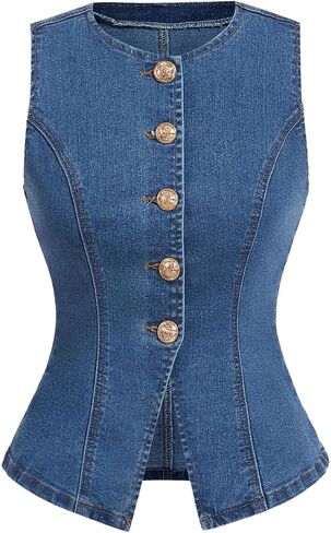 GORGLITTER Women's Button Down Denim Vest Sleeveless Crew Neck Tank Tops Fashion Dressy in Saudi Arabia