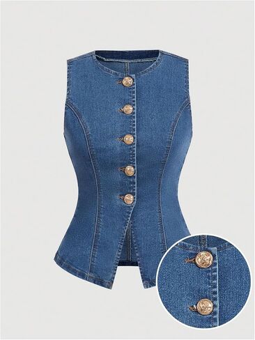 GORGLITTER Women's Button Down Denim Vest Sleeveless Crew Neck Tank Tops Fashion Dressy in Saudi Arabia