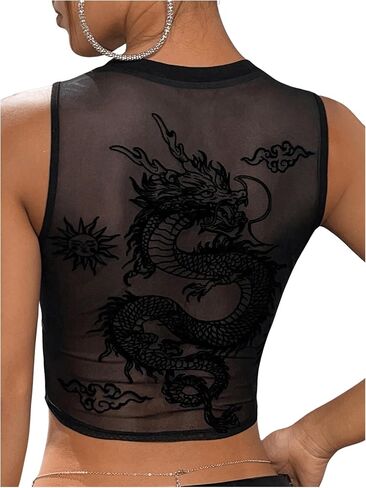 Floerns Women's Sleeveless Crew Neck Dragon Print Sheer Mesh Crop Tank Tops in Saudi Arabia