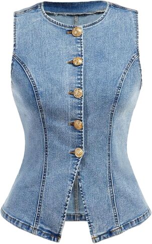 GORGLITTER Women's Button Down Denim Vest Sleeveless Crew Neck Tank Tops Fashion Dressy in Saudi Arabia