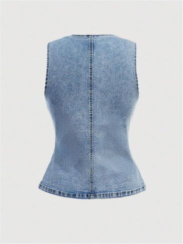 GORGLITTER Women's Button Down Denim Vest Sleeveless Crew Neck Tank Tops Fashion Dressy in Saudi Arabia