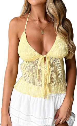 Ruewey Women Y2K Lace Shirt Halter Neck Deep V الرقبة المحصول العلوي TIBE الأمامي بلا أكمام in Kuwait
