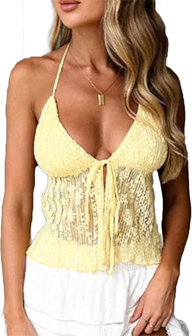 Ruewey Women Y2K Lace Shirt Halter Neck Deep V الرقبة المحصول العلوي TIBE الأمامي بلا أكمام in Kuwait