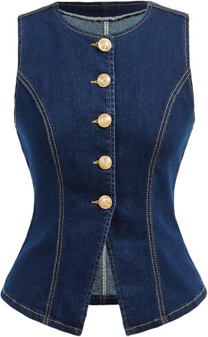GORGLITTER Women's Button Down Denim Vest Sleeveless Crew Neck Tank Tops Fashion Dressy in Saudi Arabia