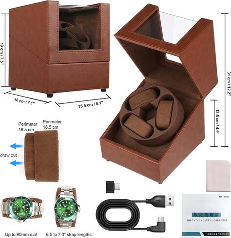 J&T Technology Watch Winder for Automatic Watches,Automatic Watch Winder with LED Light,Rotating Watch Case with Japanese Quiet Motor,4 Rotation Modes,USB Type C in Kuwait