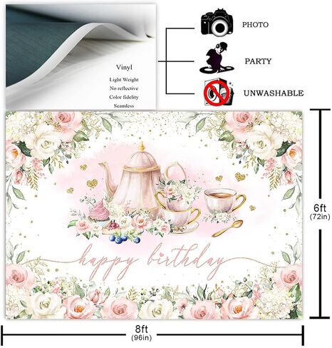 Avezano Tea Party Decorations Pink Floral Teapot عيد ميلاد سعيد Backdrop Girls Women Birthday Party Photoshoot Cake Cake Banner (7x5ft) in Saudi Arabia