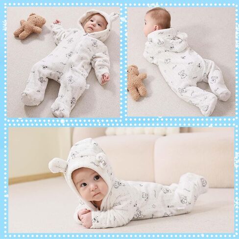 Fairy Baby Newborn Baby Bear Suit Thin Fleece Footie Romper Snowsuit Hooded Jumpsuit Bodysuit Winter Clothes Boy Girl 0-12M in Saudi Arabia