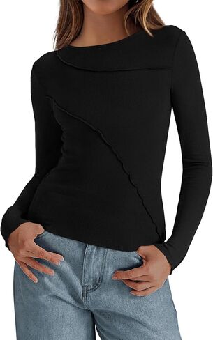 KIRUNDO Womens Tops Long Sleeve Ribbed Knit Going Out Top 2025 Fall Fashion Crewneck Exposed Seams Slim Fit Workout Shirts in Saudi Arabia