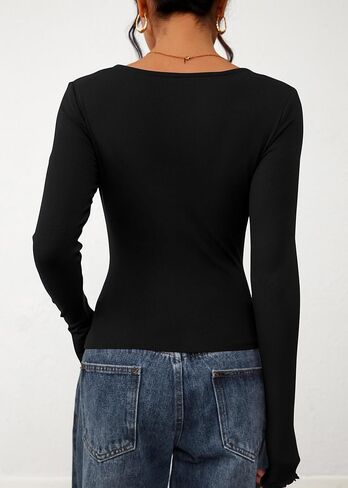 KIRUNDO Womens Tops Long Sleeve Ribbed Knit Going Out Top 2025 Fall Fashion Crewneck Exposed Seams Slim Fit Workout Shirts in Saudi Arabia