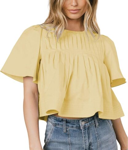Women's Short Ruffled Sleeve Pleated Tee Shirts Summer Cotton Babydoll Tops with Back Zipper in Saudi Arabia