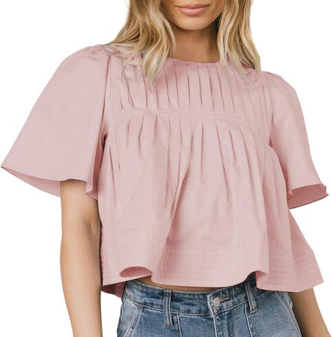Women's Short Ruffled Sleeve Pleated Tee Shirts Summer Cotton Babydoll Tops with Back Zipper in Saudi Arabia