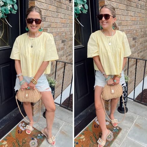 Women's Short Ruffled Sleeve Pleated Tee Shirts Summer Cotton Babydoll Tops with Back Zipper in Saudi Arabia