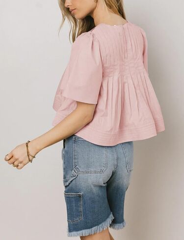 Women's Short Ruffled Sleeve Pleated Tee Shirts Summer Cotton Babydoll Tops with Back Zipper in Saudi Arabia