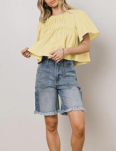 Women's Short Ruffled Sleeve Pleated Tee Shirts Summer Cotton Babydoll Tops with Back Zipper in Saudi Arabia