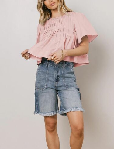 Women's Short Ruffled Sleeve Pleated Tee Shirts Summer Cotton Babydoll Tops with Back Zipper in Saudi Arabia