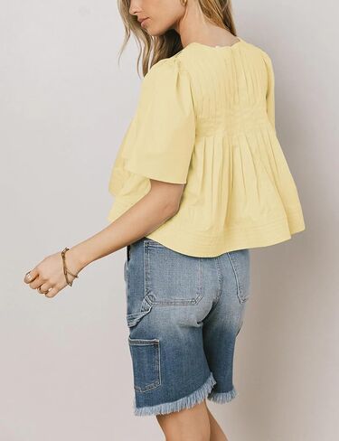 Women's Short Ruffled Sleeve Pleated Tee Shirts Summer Cotton Babydoll Tops with Back Zipper in Saudi Arabia