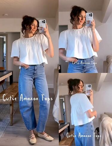 Women's Short Ruffled Sleeve Pleated Tee Shirts Summer Cotton Babydoll Tops with Back Zipper in Saudi Arabia