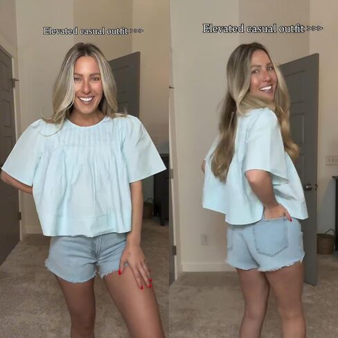 Women's Short Ruffled Sleeve Pleated Tee Shirts Summer Cotton Babydoll Tops with Back Zipper in Saudi Arabia
