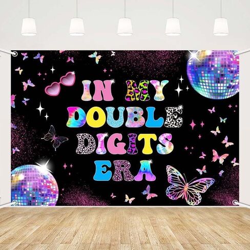 MEHOFOND 10th Birthday Decorations for Girl Banner, in My Double Digits Era Backdrop, Iridescent Girl Music Disco Theme Birthday Party Decorations Photo Booth Props 7x5ft in Saudi Arabia