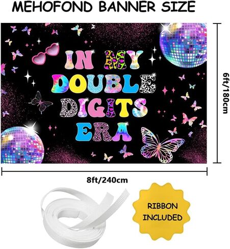 MEHOFOND 10th Birthday Decorations for Girl Banner, in My Double Digits Era Backdrop, Iridescent Girl Music Disco Theme Birthday Party Decorations Photo Booth Props 7x5ft in Saudi Arabia