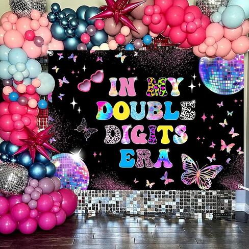 MEHOFOND 10th Birthday Decorations for Girl Banner, in My Double Digits Era Backdrop, Iridescent Girl Music Disco Theme Birthday Party Decorations Photo Booth Props 7x5ft in Saudi Arabia