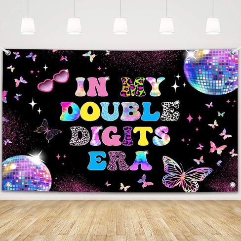 MEHOFOND 10th Birthday Decorations for Girl Banner, in My Double Digits Era Backdrop, Iridescent Girl Music Disco Theme Birthday Party Decorations Photo Booth Props 7x5ft in Saudi Arabia