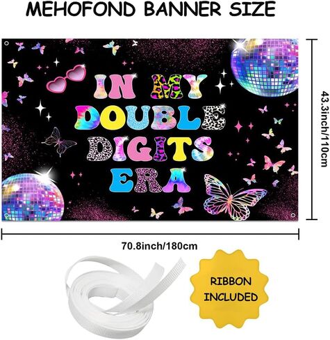 MEHOFOND 10th Birthday Decorations for Girl Banner, in My Double Digits Era Backdrop, Iridescent Girl Music Disco Theme Birthday Party Decorations Photo Booth Props 7x5ft in Saudi Arabia