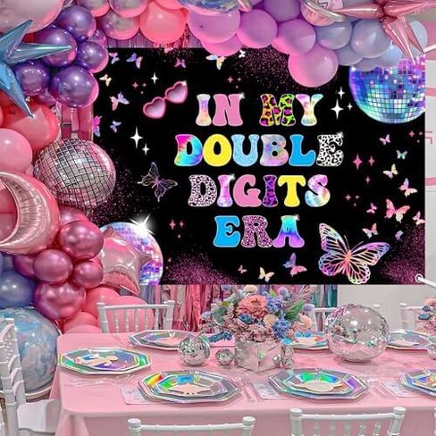 MEHOFOND 10th Birthday Decorations for Girl Banner, in My Double Digits Era Backdrop, Iridescent Girl Music Disco Theme Birthday Party Decorations Photo Booth Props 7x5ft in Saudi Arabia