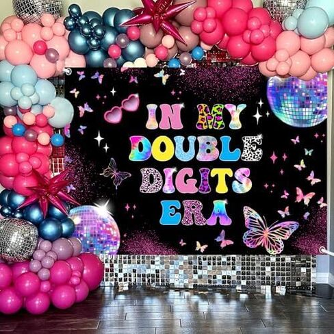 MEHOFOND 10th Birthday Decorations for Girl Banner, in My Double Digits Era Backdrop, Iridescent Girl Music Disco Theme Birthday Party Decorations Photo Booth Props 7x5ft in Saudi Arabia
