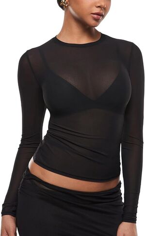 INLYRIC Women's Cosnufy Mesh Sheer Long Sleeve Tops See Through Crew Neck Going Out Tops Trendy Sexy Shirts in Saudi Arabia