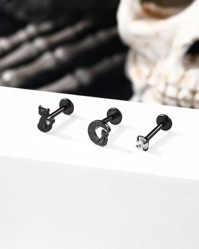 Jewseen 16g Halloween tragus tragus arics داخليًا مجموعة الهالوين الحلزونية مثقوبة المجوهرات السوداء المسطحة ذات الأقراط الغضروف بالشفة الأنف للنساء الرجال in Kuwait