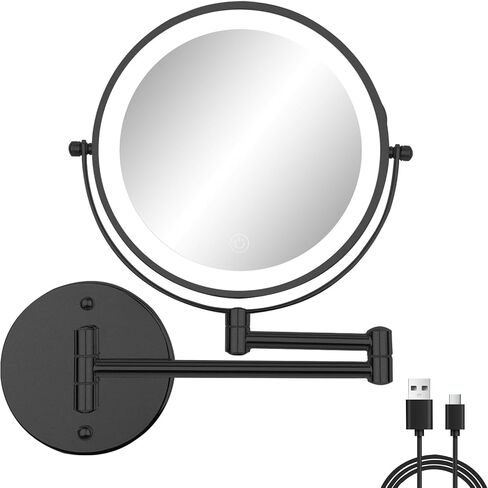 Wall Mounted Makeup Vanity Mirror with Lights, 8" Double Sided 1X/10X Wall Mount Magnifying Bathroom Shaving Mirror with 3 Color Lights, Rechargeable Touch Dimmable Extendable Cosmetic Mirror in Saudi Arabia