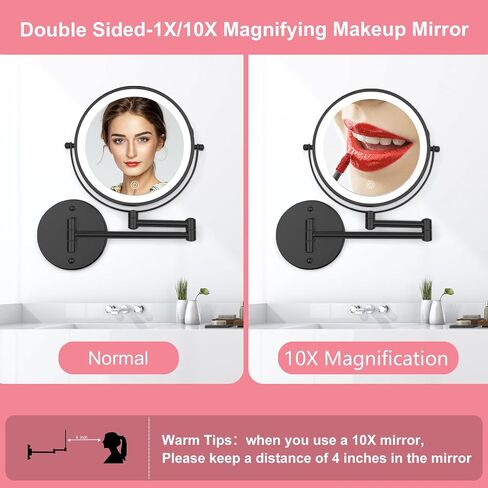 Wall Mounted Makeup Vanity Mirror with Lights, 8" Double Sided 1X/10X Wall Mount Magnifying Bathroom Shaving Mirror with 3 Color Lights, Rechargeable Touch Dimmable Extendable Cosmetic Mirror in Saudi Arabia