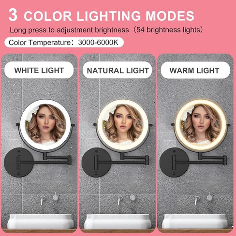 Wall Mounted Makeup Vanity Mirror with Lights, 8" Double Sided 1X/10X Wall Mount Magnifying Bathroom Shaving Mirror with 3 Color Lights, Rechargeable Touch Dimmable Extendable Cosmetic Mirror in Saudi Arabia