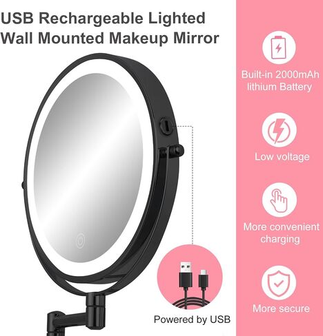 Wall Mounted Makeup Vanity Mirror with Lights, 8" Double Sided 1X/10X Wall Mount Magnifying Bathroom Shaving Mirror with 3 Color Lights, Rechargeable Touch Dimmable Extendable Cosmetic Mirror in Saudi Arabia