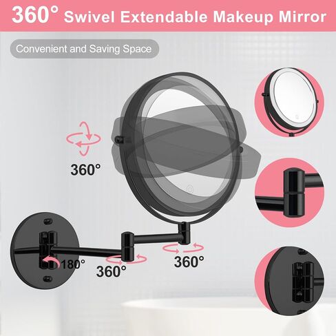 Wall Mounted Makeup Vanity Mirror with Lights, 8" Double Sided 1X/10X Wall Mount Magnifying Bathroom Shaving Mirror with 3 Color Lights, Rechargeable Touch Dimmable Extendable Cosmetic Mirror in Saudi Arabia