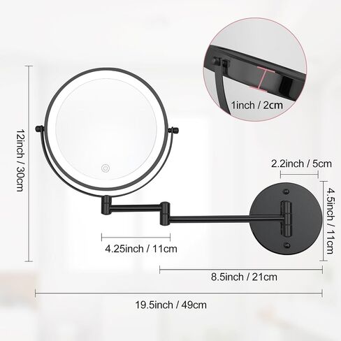 Wall Mounted Makeup Vanity Mirror with Lights, 8" Double Sided 1X/10X Wall Mount Magnifying Bathroom Shaving Mirror with 3 Color Lights, Rechargeable Touch Dimmable Extendable Cosmetic Mirror in Saudi Arabia